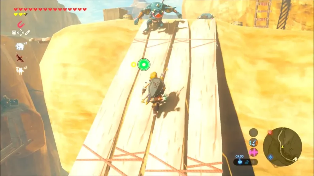 Link crossing a wooden plank walkway with a Bokoblin waiting at the far end Link crossing a wooden plank walkway with a Bokoblin waiting at the far end