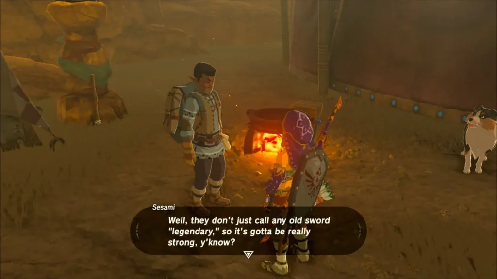 Link listening to Sesami beside the Gerudo Canyon Stable fire Link listening to Sesami beside the Gerudo Canyon Stable fire
