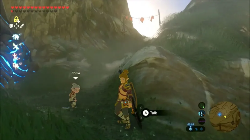Cottla standing by a rock in Kakariko Village with Link ready to talk Cottla standing by a rock in Kakariko Village with Link ready to talk