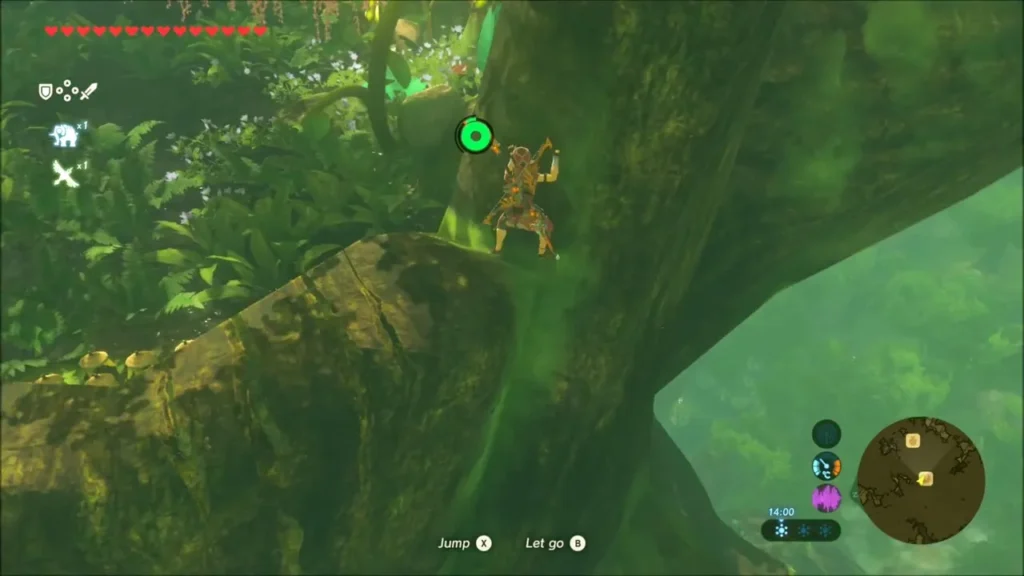 Link scaling a mossy branch high in the Great Deku Tree Link scaling a mossy branch high in the Great Deku Tree