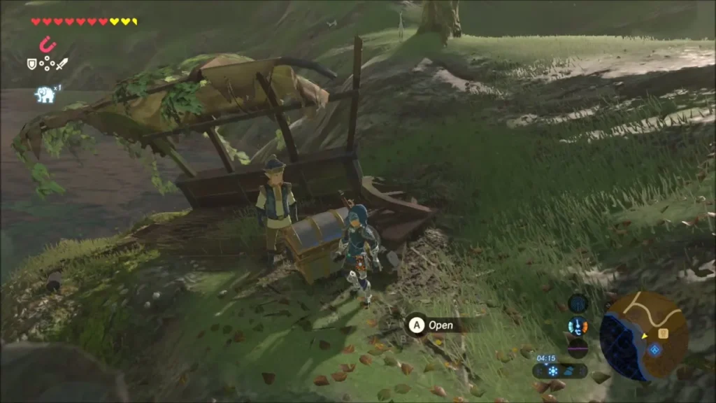 Link standing at the chest on the bank with the Open prompt Link standing at the chest on the bank with the Open prompt
