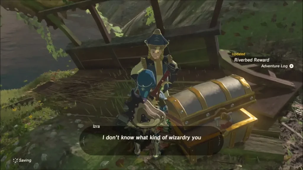 Link at the opened chest as Izra reacts Link at the opened chest as Izra reacts
