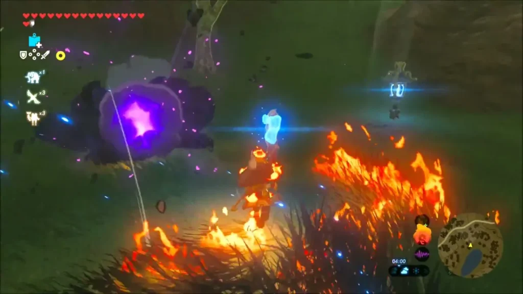 Link with the torch amid grass fire and dark purple smoke Link with the torch amid grass fire and dark purple smoke