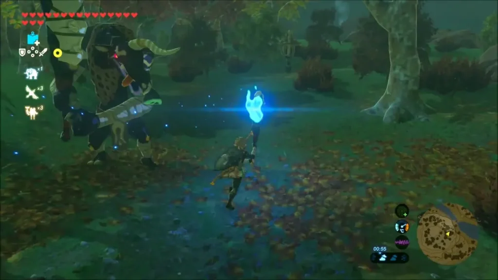Link running with the torch past a Moblin on the route Link running with the torch past a Moblin on the route