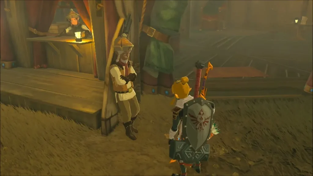 Link facing Pirou beside the stable counter Link facing Pirou beside the stable counter