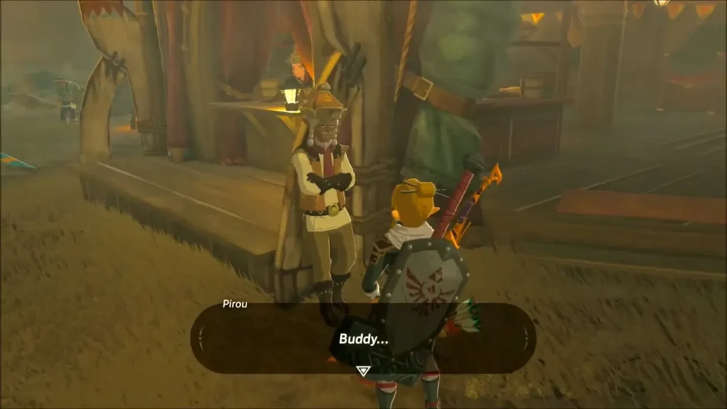 Pirou leaning at the Gerudo Canyon Stable counter talking to Link Pirou leaning at the Gerudo Canyon Stable counter talking to Link