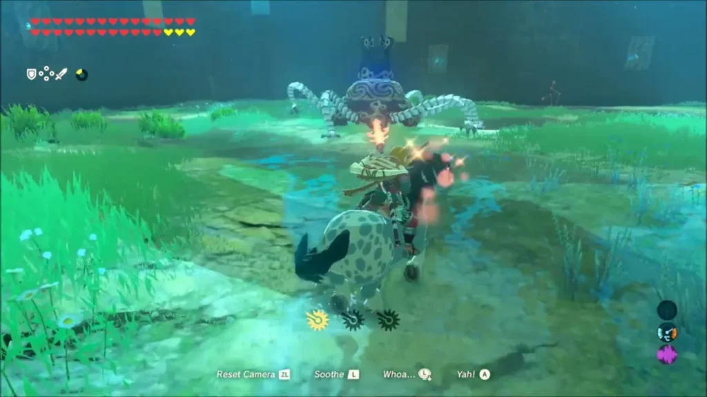 Link on horseback facing a Guardian Stalker across a marsh Link on horseback facing a Guardian Stalker across a marsh