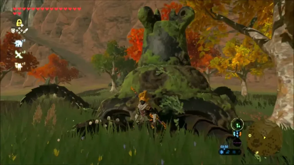 Link beside a moss-covered wrecked Decayed Guardian in a field Link beside a moss-covered wrecked Decayed Guardian in a field