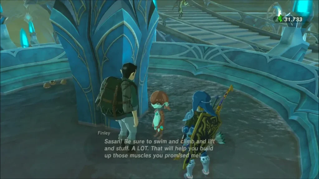 Finley and Sasan speaking with Link inside Zora's Domain Finley and Sasan speaking with Link inside Zora's Domain