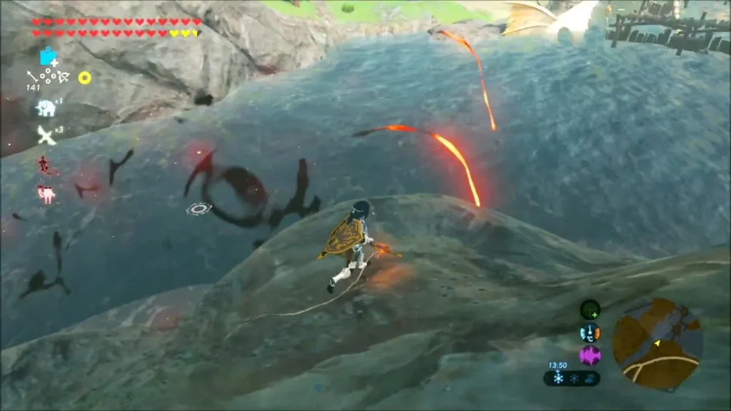 Link on a rock above the water as red-glowing enemies lurk near the letter's route Link on a rock above the water as red-glowing enemies lurk near the letter's route