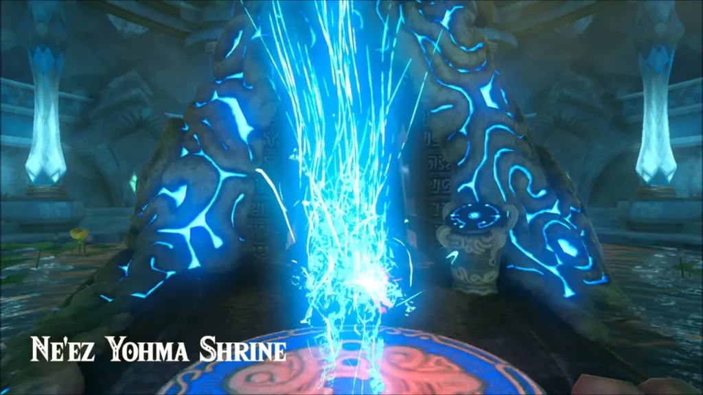 Link arriving on the Ne'ez Yohma Shrine travel pad Link arriving on the Ne'ez Yohma Shrine travel pad
