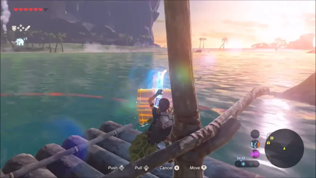 Link raising a chest with Magnesis at sunset beside the raft mast Link raising a chest with Magnesis at sunset beside the raft mast