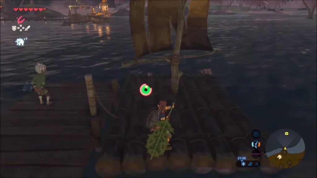 Link holding a Korok Leaf on Rozel's raft beside the dock Link holding a Korok Leaf on Rozel's raft beside the dock