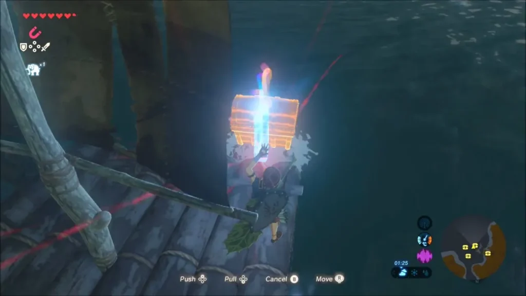 Link lifting a sunken chest onto the raft with Magnesis Link lifting a sunken chest onto the raft with Magnesis