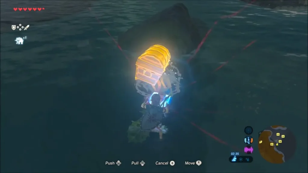 Link holding a golden chest above the water with Magnesis Link holding a golden chest above the water with Magnesis