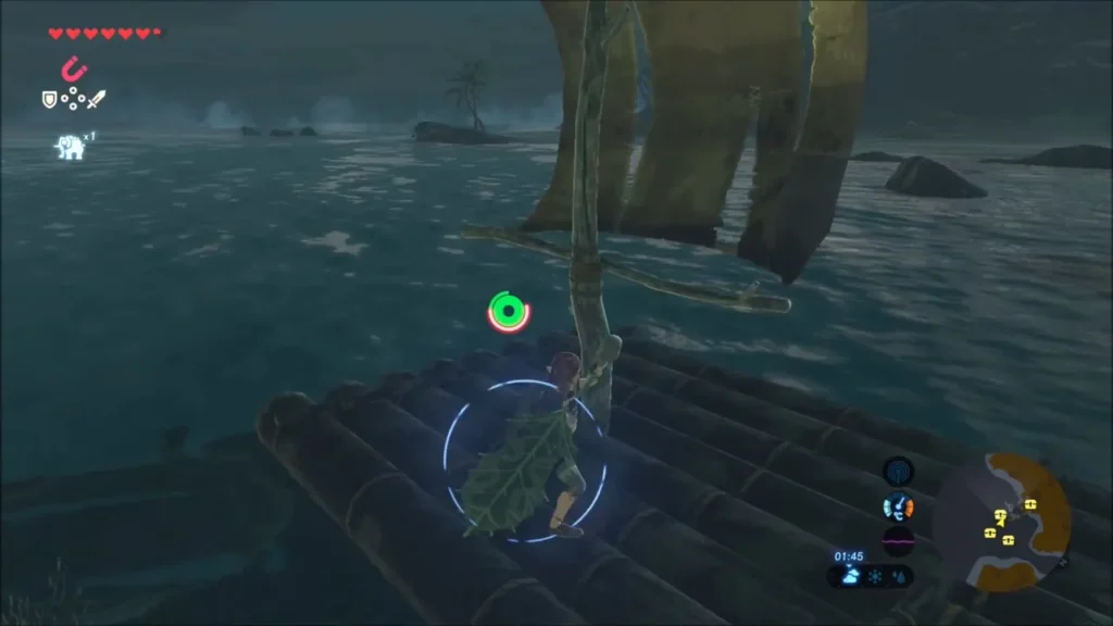 Link on the raft at night with rocky islets and a palm island ahead Link on the raft at night with rocky islets and a palm island ahead