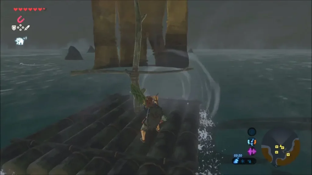 Link sailing the raft past a lone rock rising from rough water Link sailing the raft past a lone rock rising from rough water