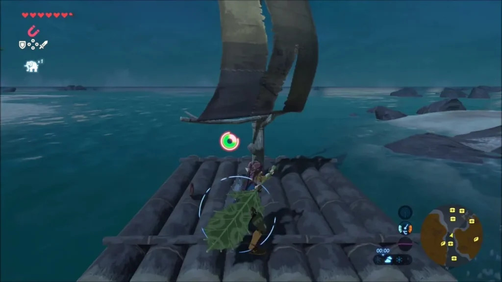 Link on the raft with dark rocks and a sandbar ahead in the open sea Link on the raft with dark rocks and a sandbar ahead in the open sea