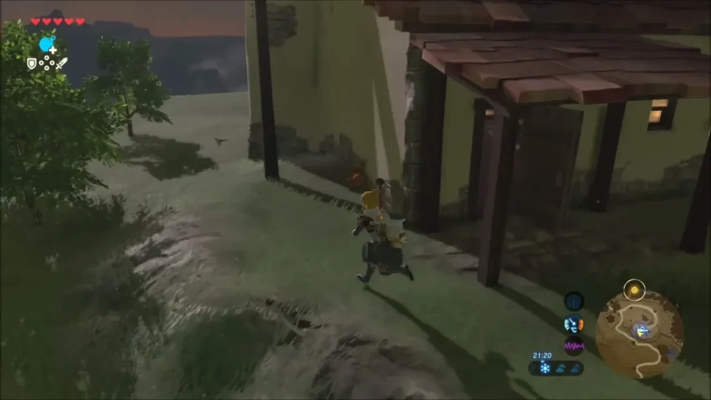 Link running past a house at dusk toward a Sunshroom growing by the wall Link running past a house at dusk toward a Sunshroom growing by the wall
