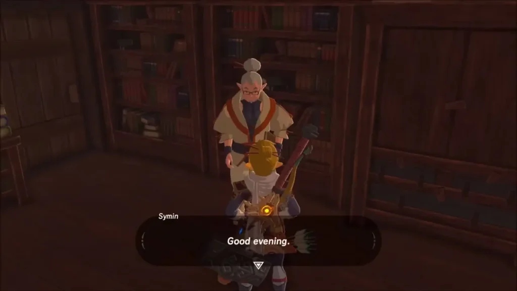 Link meeting Symin among the bookshelves of the Hateno Ancient Tech Lab Link meeting Symin among the bookshelves of the Hateno Ancient Tech Lab