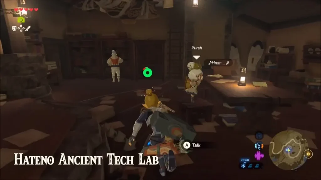 Link entering the Hateno Ancient Tech Lab where Symin and Purah wait Link entering the Hateno Ancient Tech Lab where Symin and Purah wait