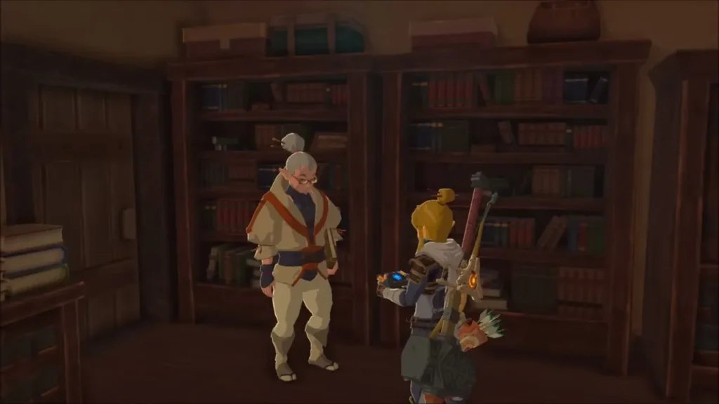 Link holding the Sheikah Slate in front of Symin among the bookshelves Link holding the Sheikah Slate in front of Symin among the bookshelves