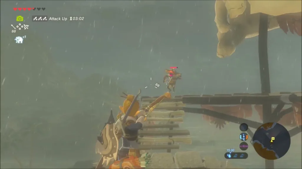 Link shooting at a Bokoblin on the wooden walkways of the sea camp