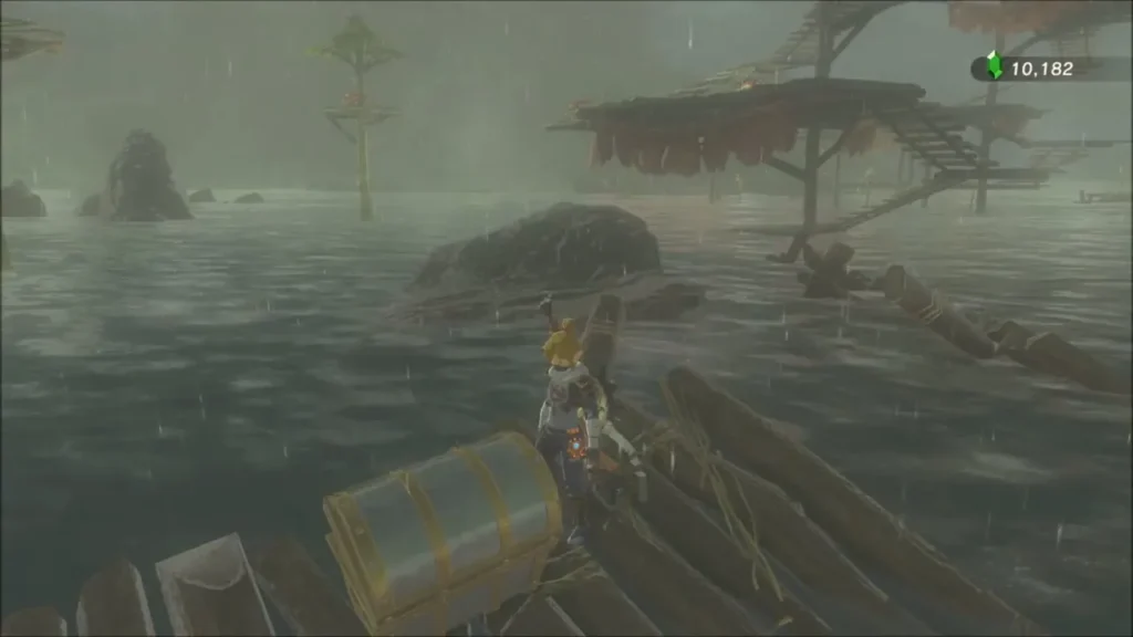 Link beside the treasure chest on a raft at the sea camp
