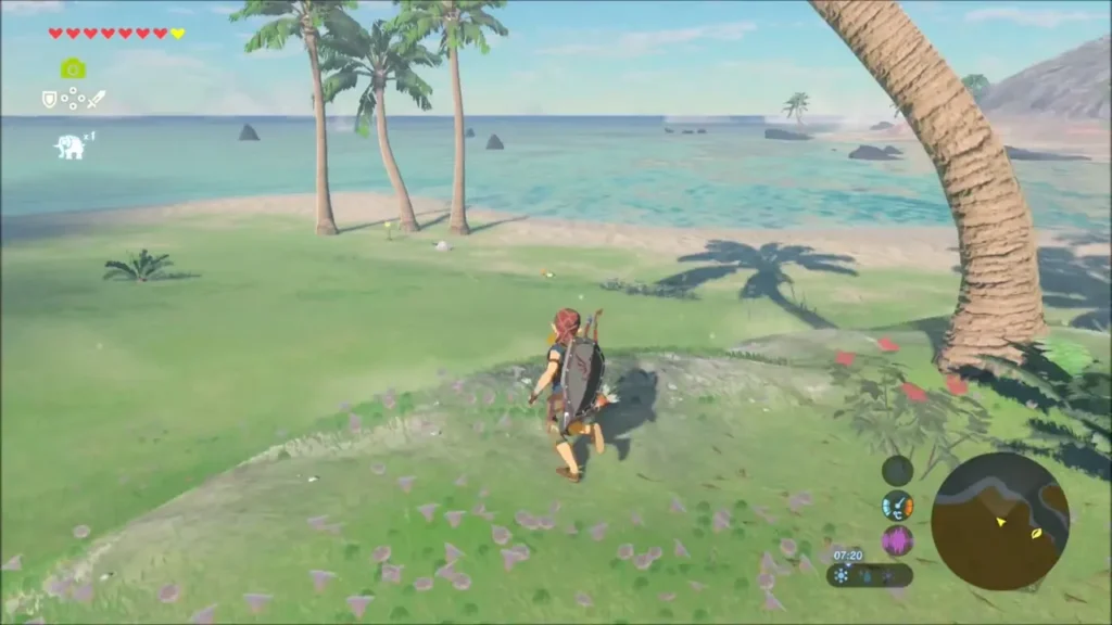 Link running along the grassy coastline with palm trees and the sea ahead