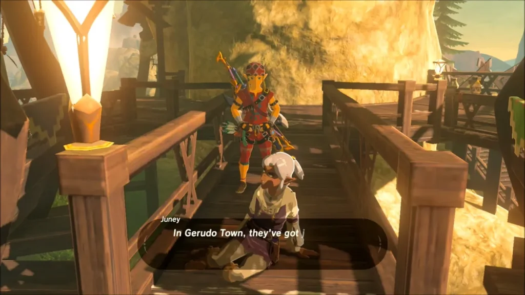 Link talking to Juney, who sits at the end of the walkway
