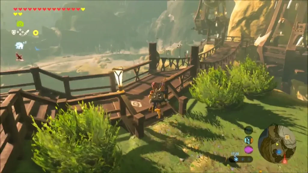 Link walking along the wooden walkway in the upper Kakariko village toward Juney