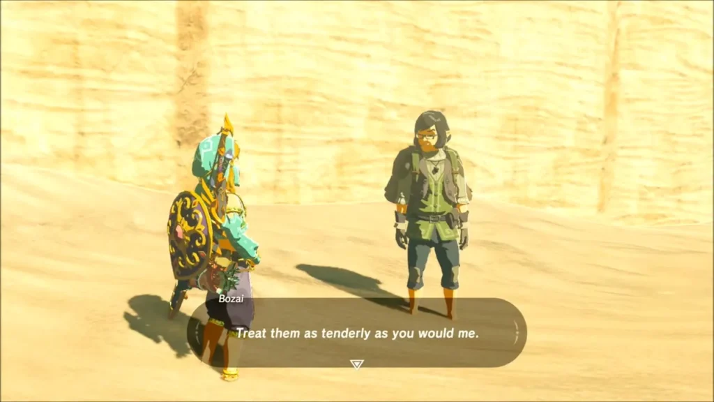 Link returning the boots to Bozai in the desert Link returning the boots to Bozai in the desert
