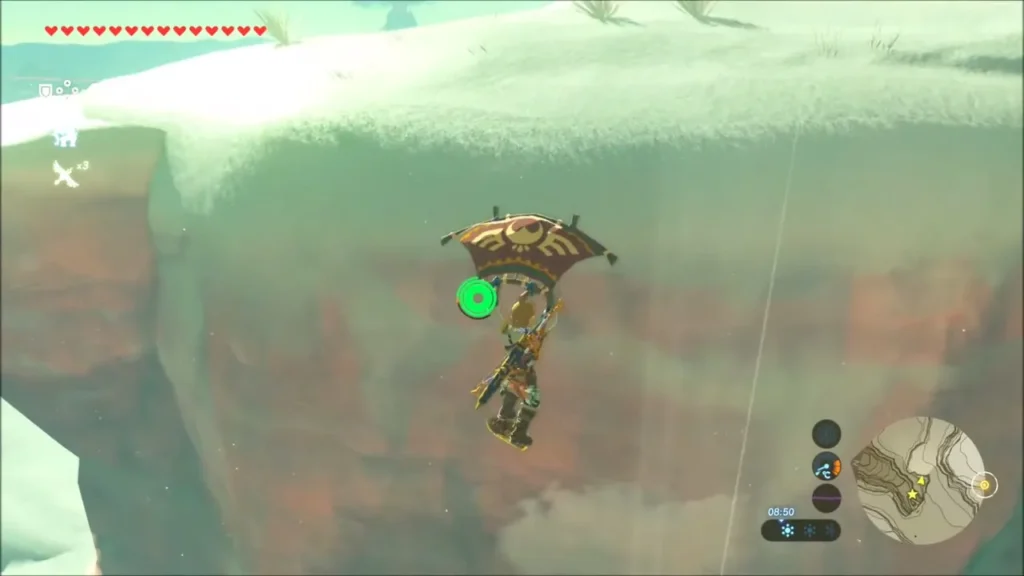Link gliding down the red cliff into the deep valley Link gliding down the red cliff into the deep valley
