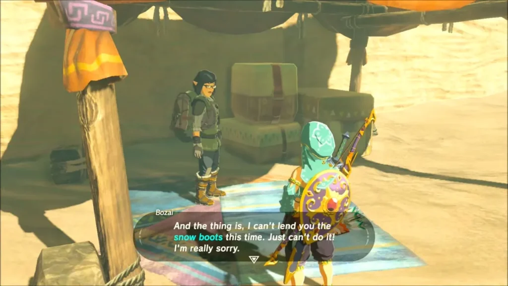 Link talking with Bozai under his canopy about the snow boots Link talking with Bozai under his canopy about the snow boots