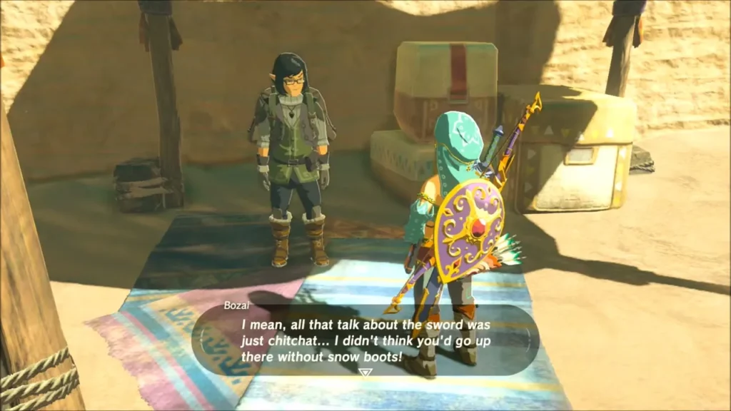 Link in the Gerudo outfit speaking with Bozai about the snow boots Link in the Gerudo outfit speaking with Bozai about the snow boots