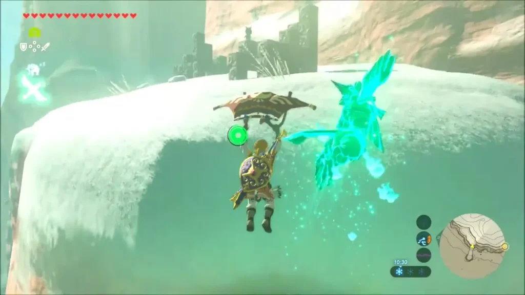 Link using Revali's Gale to rise above a snow-covered ledge Link using Revali's Gale to rise above a snow-covered ledge