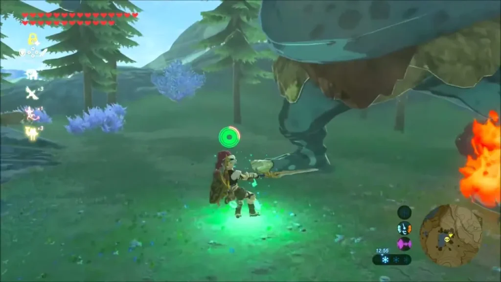 Link attacking the Hinox's leg with a glowing green attack