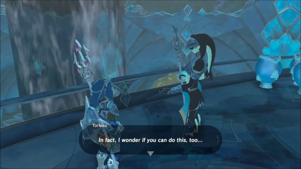 Link talking with Torfeau beside the pools in Zora's Domain