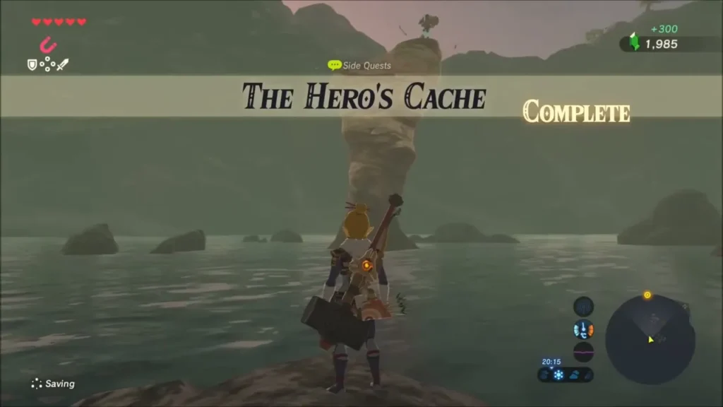 The Hero's Cache complete banner with the rock pillar behind Link The Hero's Cache complete banner with the rock pillar behind Link