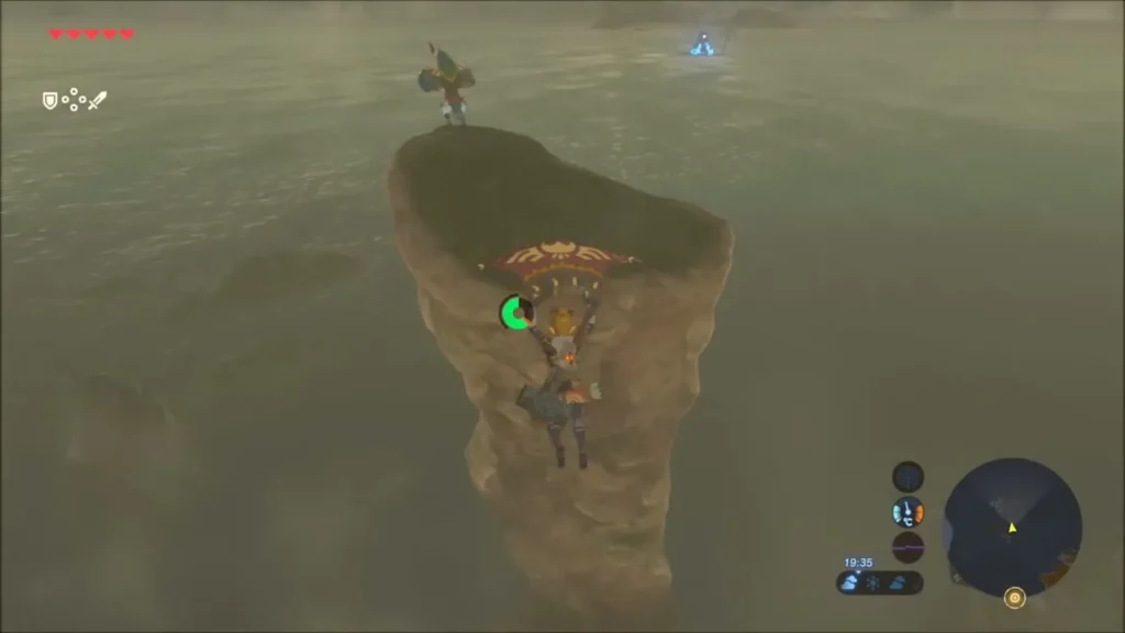 Link gliding down toward the rock pillar where Kass stands Link gliding down toward the rock pillar where Kass stands