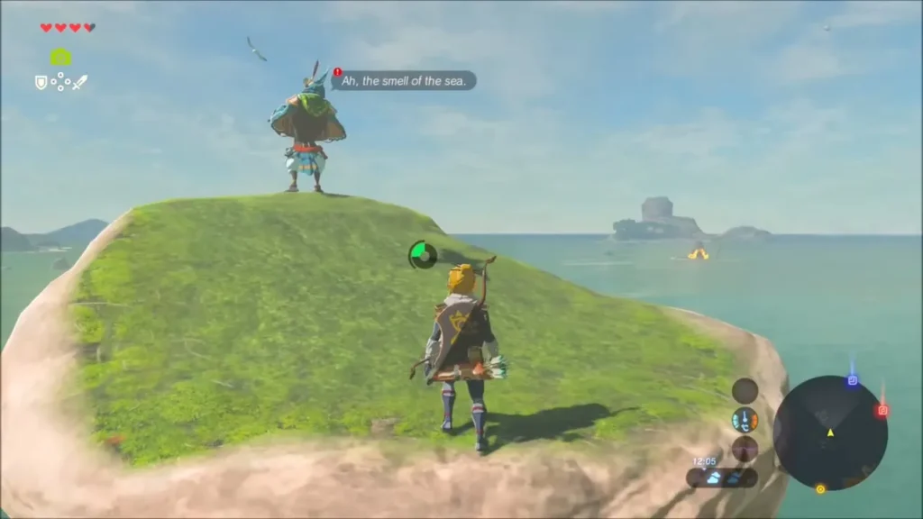 Link approaching Kass standing on the grassy top of the rock pillar Link approaching Kass standing on the grassy top of the rock pillar