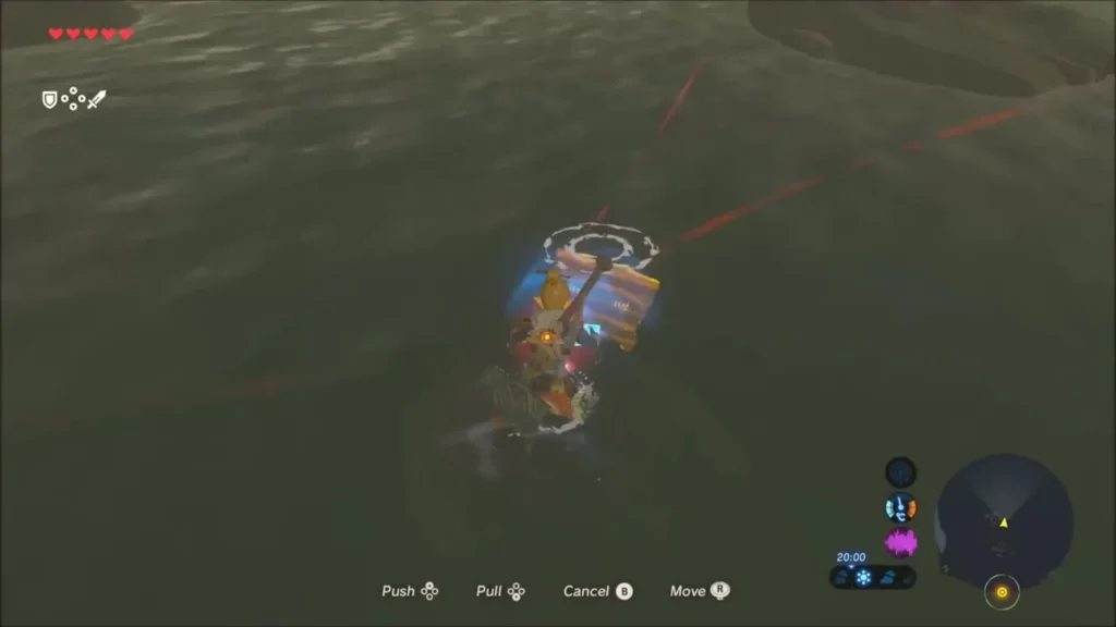 Link pulling the underwater chest toward him with Magnesis Link pulling the underwater chest toward him with Magnesis