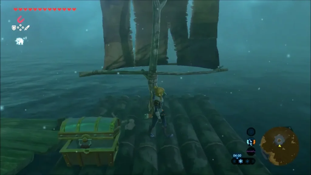 Link standing on a raft with the chest beside him Link standing on a raft with the chest beside him