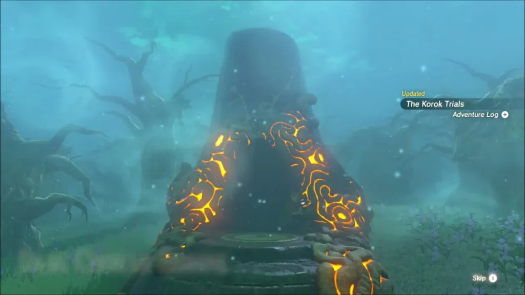 Glowing orange shrine emerging from the fog at the end of the path Glowing orange shrine emerging from the fog at the end of the path