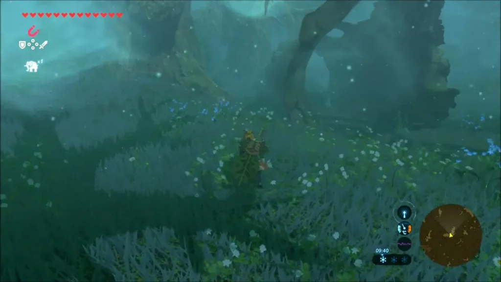 Link creeping through blue grass and flowers in the Lost Woods Link creeping through blue grass and flowers in the Lost Woods