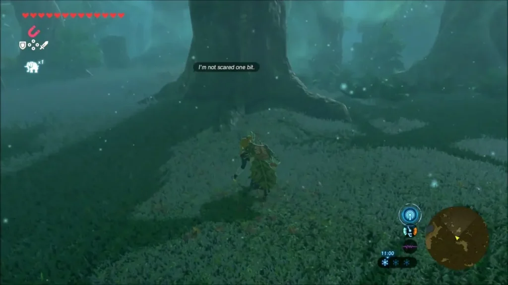 Link creeping through the foggy Lost Woods grass following the Korok Link creeping through the foggy Lost Woods grass following the Korok