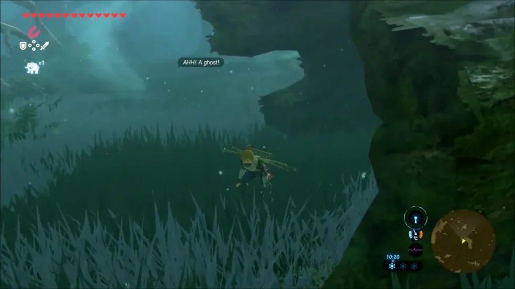 Link crouched in tall grass beside a hollow log as Oaki cries out about a ghost Link crouched in tall grass beside a hollow log as Oaki cries out about a ghost