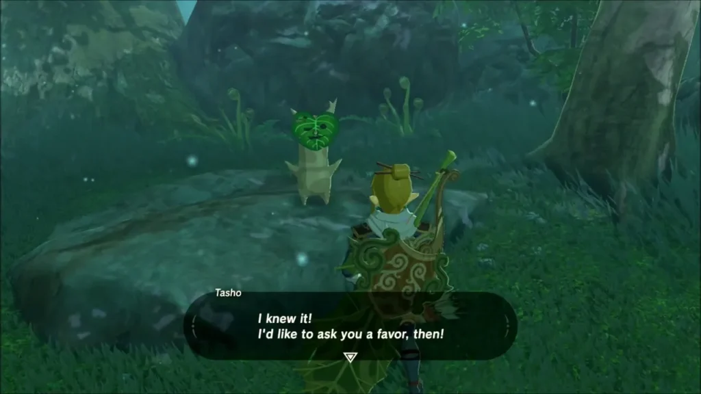Tasho the Korok asking Link for a favor on a rock in the forest Tasho the Korok asking Link for a favor on a rock in the forest
