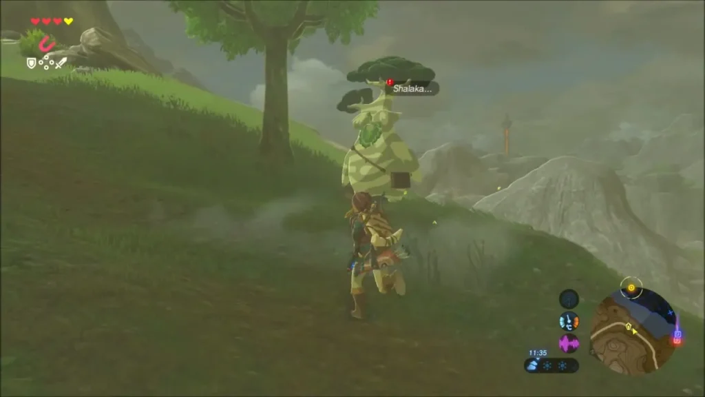Link running up the hillside toward the very large Korok Hestu Link running up the hillside toward the very large Korok Hestu