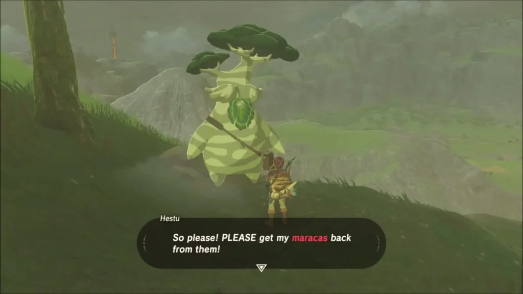 Hestu asking Link to get his maracas back from the Bokoblins Hestu asking Link to get his maracas back from the Bokoblins